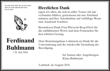 Traueranzeige von Ferdinand Buhlmann von  Usinger Anzeiger