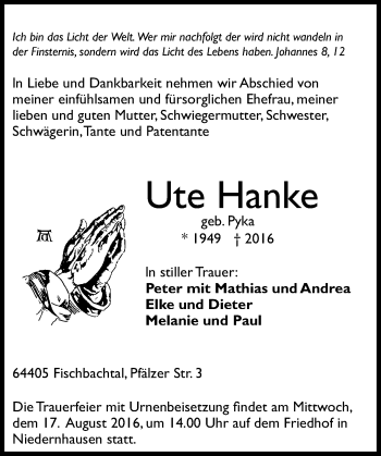 Traueranzeige von Ute Hanke von Trauerportal Echo Online