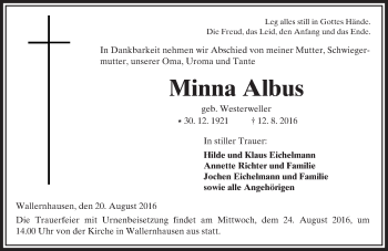Traueranzeige von Minna Albus von  Kreisanzeiger