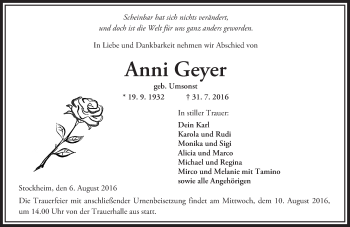 Traueranzeige von Anni Geyer von  Kreisanzeiger