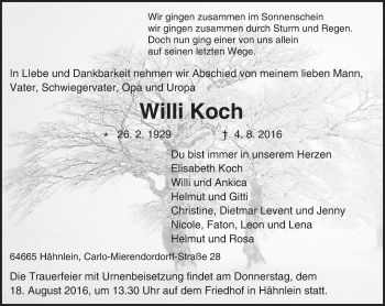 Traueranzeige von Willi Koch von Trauerportal Echo Online