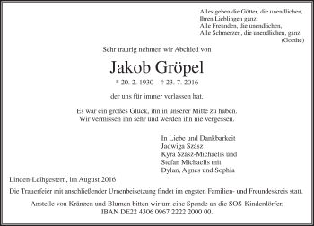 Traueranzeige von Jakob Gröpel von  Gießener Anzeiger