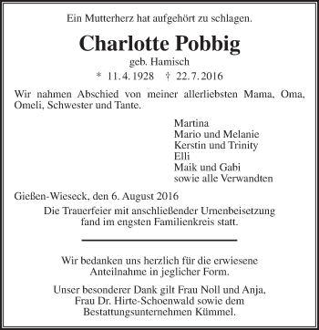 Traueranzeige von Charlotte Pobbig von  Gießener Anzeiger