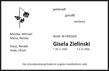 Traueranzeige von Gisela Zielinski von  Gießener Anzeiger