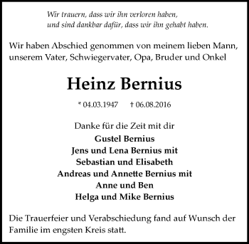 Traueranzeige von Heinz Bernius von Trauerportal Echo Online