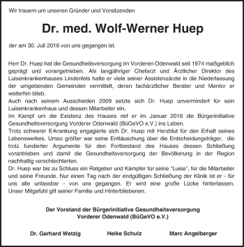 Traueranzeige von Wolf-Werner Huep von Trauerportal Echo Online