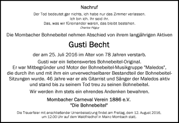 Traueranzeige von Gusti Becht von Trauerportal Rhein Main Presse
