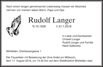 Traueranzeige von Rudolf Langer von Trauerportal Echo Online