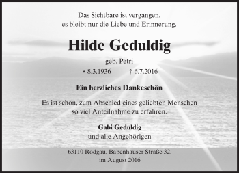 Traueranzeige von Hilde Geduldig von Trauerportal Echo Online