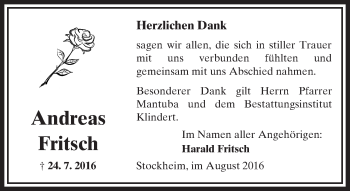 Traueranzeige von Andreas Fritsch von  Sonntags Anzeiger