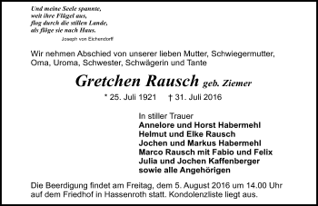Traueranzeige von Gretchen Rausch von Trauerportal Echo Online