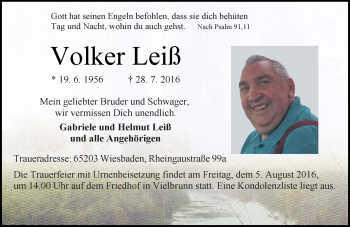 Traueranzeige von Volker Leiß von Trauerportal Echo Online