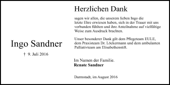 Traueranzeige von Ingo Sandner von Trauerportal Echo Online