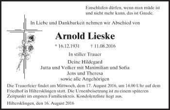 Traueranzeige von Arnold Lieske von Trauerportal Echo Online