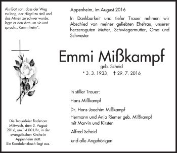 Traueranzeige von Emmi Mißkampf von Trauerportal Rhein Main Presse