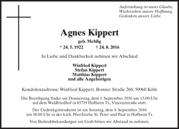 Traueranzeige von Agnes Kippert von Trauerportal Rhein Main Presse
