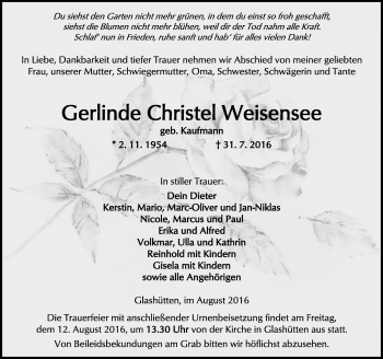 Traueranzeige von Gerlinde Christel Weisensee von  Kreisanzeiger