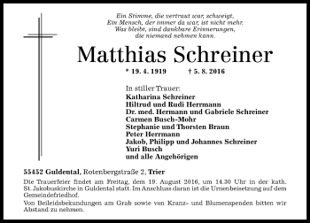 Traueranzeige von Matthias Schreiner von Trauerportal Rhein Main Presse