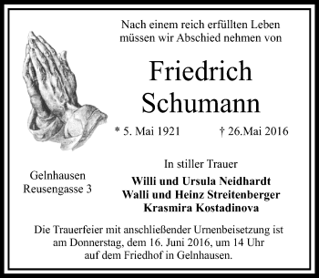Traueranzeige von Friedrich Schumann von  Gelnhäuser Tageblatt
