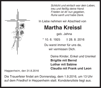 Traueranzeige von Martha Kreissl von Trauerportal Echo Online