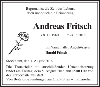Traueranzeige von Andreas Fritsch von  Kreisanzeiger