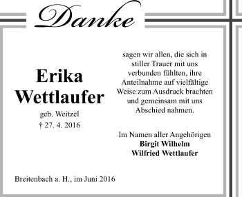 Traueranzeige von Erika Wettlaufer von VRM Trauer