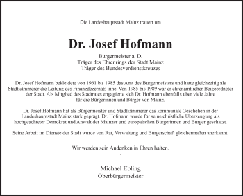 Traueranzeige von Josef Hofmann von Trauerportal Rhein Main Presse