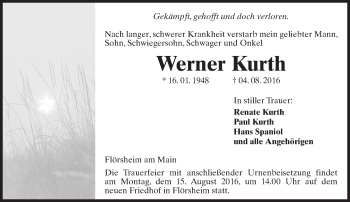 Traueranzeige von Werner Kurth von Trauerportal Rhein Main Presse