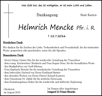 Traueranzeige von Helmrich Mencke von Trauerportal Echo Online