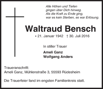 Traueranzeige von Waltraud Bensch von Trauerportal Echo Online