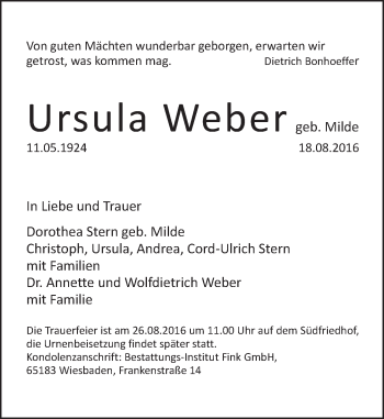 Traueranzeige von Ursula Weber von Trauerportal Rhein Main Presse