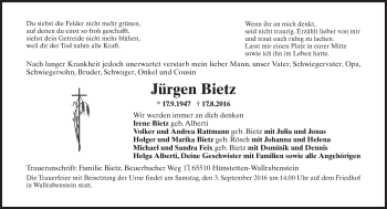 Traueranzeige von Jürgen Bietz von Trauerportal Rhein Main Presse