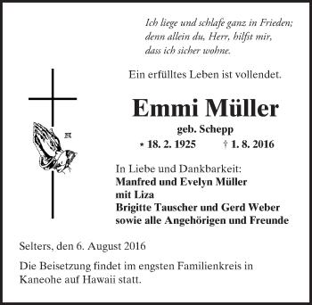 Traueranzeige von Emmi Müller von  Kreisanzeiger