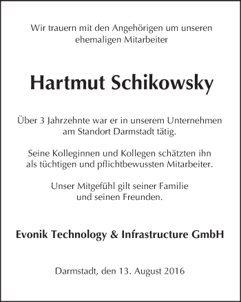 Traueranzeige von Hartmut Schikowsky von Trauerportal Echo Online