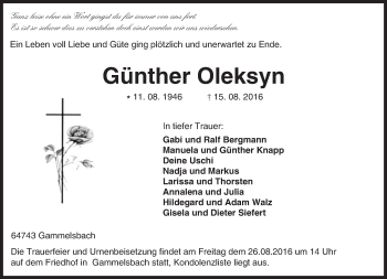 Traueranzeige von Günther Oleksyn von Trauerportal Echo Online