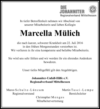 Traueranzeige von Marcella Mülich von  Gießener Anzeiger