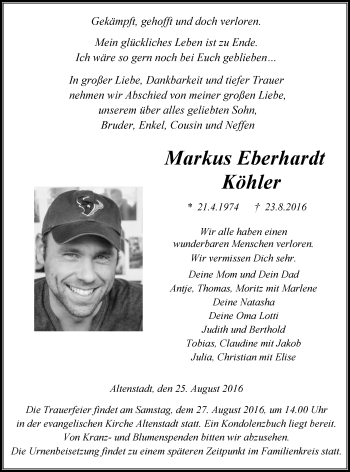 Traueranzeige von Markus Eberhardt Köhler von  Kreisanzeiger