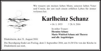 Traueranzeige von Karlheinz Schanz von  Kreisanzeiger