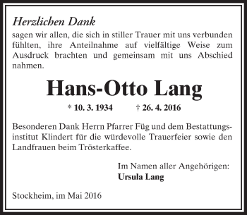 Traueranzeige von Hans-Otto Lang von  Kreisanzeiger