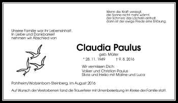 Traueranzeige von Claudia Paulus von  Gießener Anzeiger