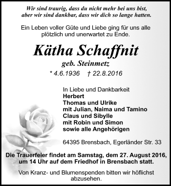 Traueranzeige von Kätha Schaffnit von Trauerportal Echo Online