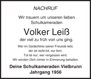 Traueranzeige von Volker Leiß von Trauerportal Echo Online
