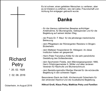 Traueranzeige von Richard Petry von Trauerportal Rhein Main Presse