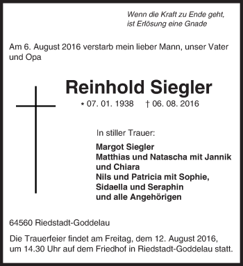 Traueranzeige von Reinhold Siegler von Trauerportal Echo Online