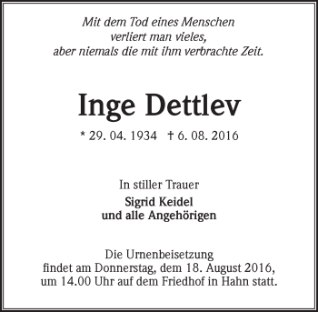 Traueranzeige von Inge Dettlev von Trauerportal Rhein Main Presse