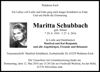 Traueranzeige von Maritta Schubbach von  Camberger Anzeiger