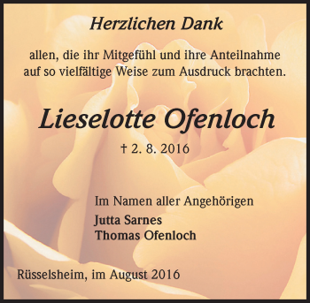 Traueranzeige von Lieselotte Ofenloch von Trauerportal Rhein Main Presse