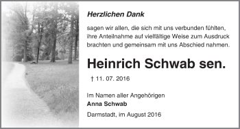 Traueranzeige von Heinrich Schwab von Trauerportal Echo Online