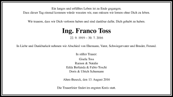 Traueranzeige von Franco Toss von  Gießener Anzeiger