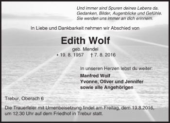 Traueranzeige von Edith Wolf von Trauerportal Echo Online
